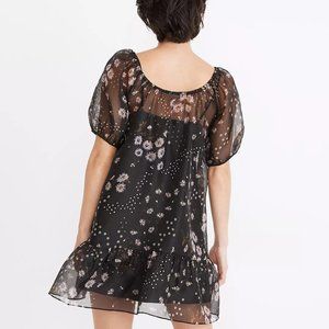 NWT S Madewell Silk Organza Puff-Sleeve Ruffle-Hem Mini Dress in Polka Daisies
